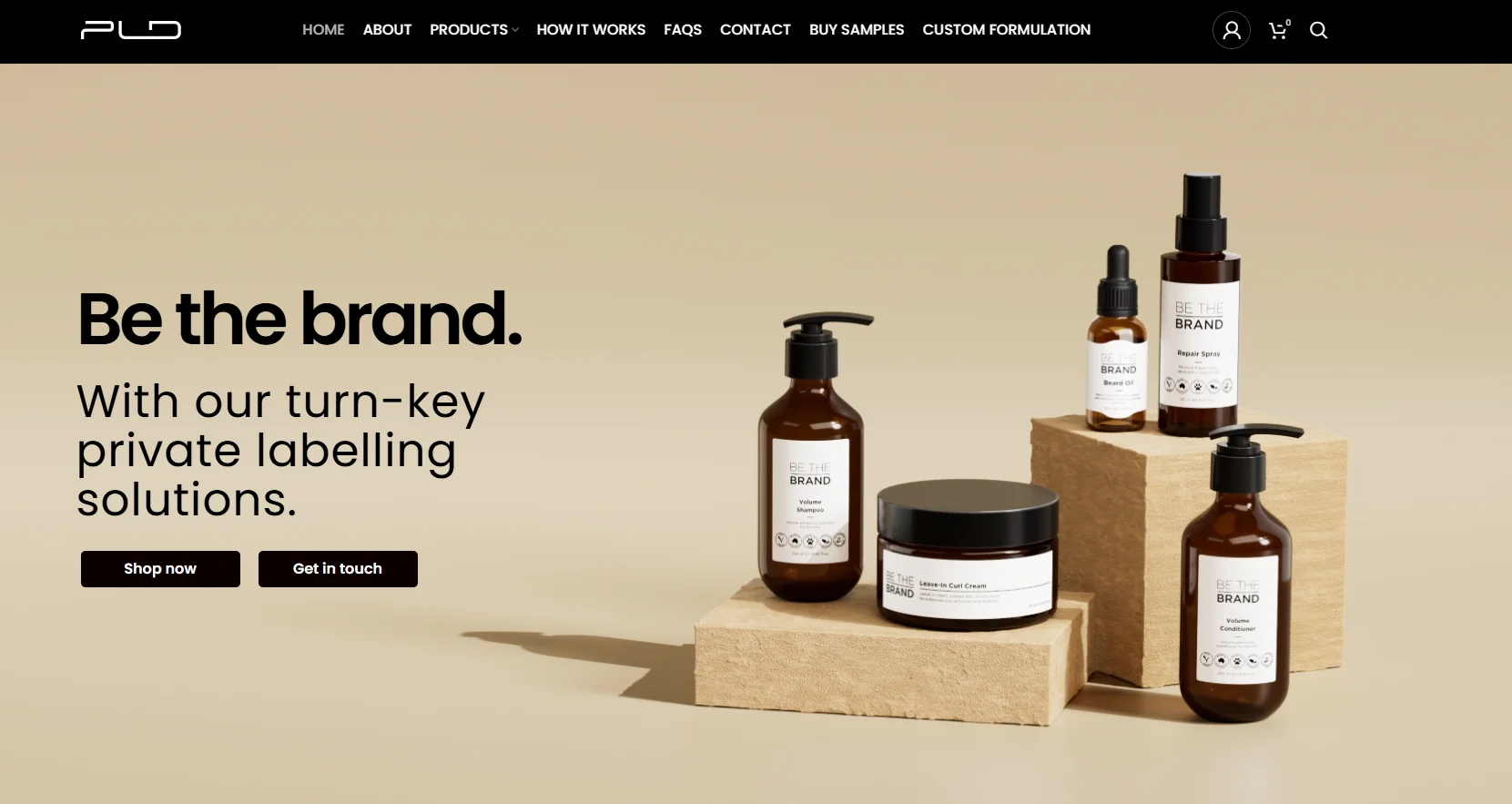 Arrangement of private label cosmetic products including shampoo, beard oil, repair spray, and conditioner on wooden blocks against a beige background.